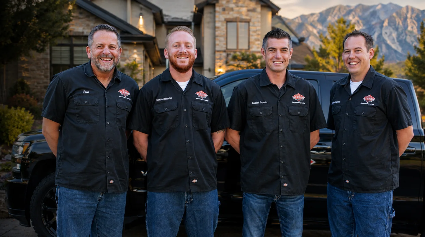 Scott Martineau, Neil Martineau, Brock Knackstedt and Ryan Knackstedt, the four
              Utah-licensed inspectors of A1 Utah Home Inspector, in front of a Utah home
