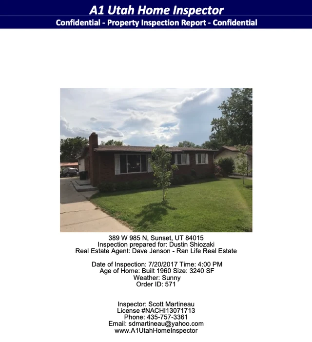 Cover page of an A1 Utah Home Inspector sample inspection report