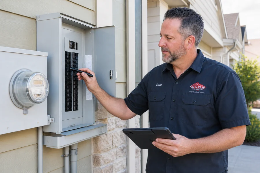 Scott Martineau inspecting an electrical panel at a Utah home